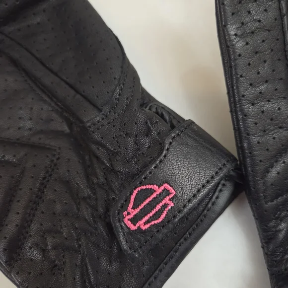 Black Leather Motocycle Gloves with Pink Stitching Size L - Picture 2 of 4